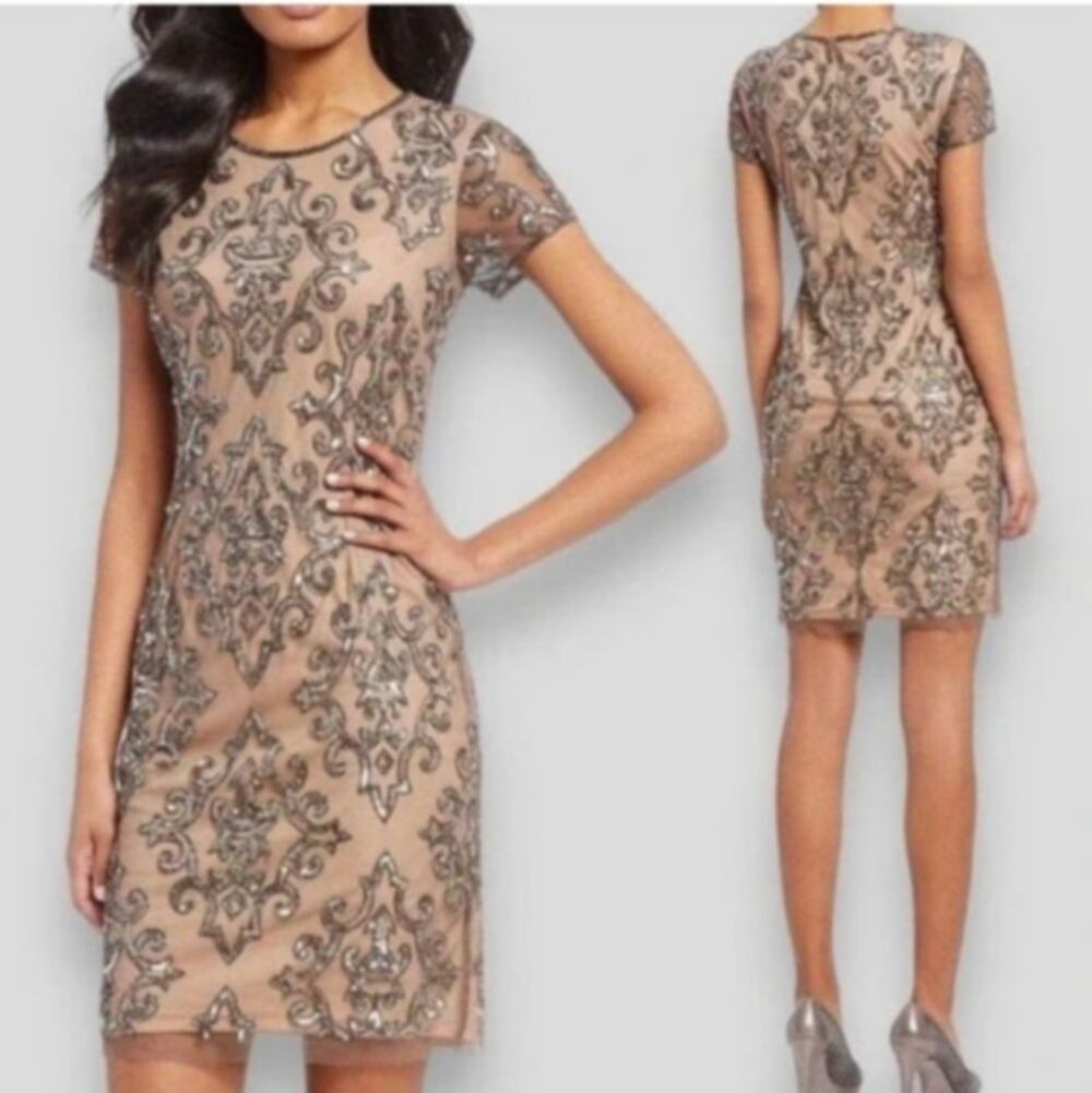 PICS Adrianna Papell NWT Size 4 Nude Beaded Sequin Embellished Cocktail Dress